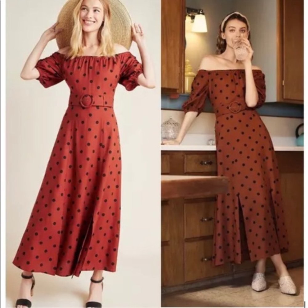 Anthropologie Rust Polka Dot Off-Shoulder Maxi Dress